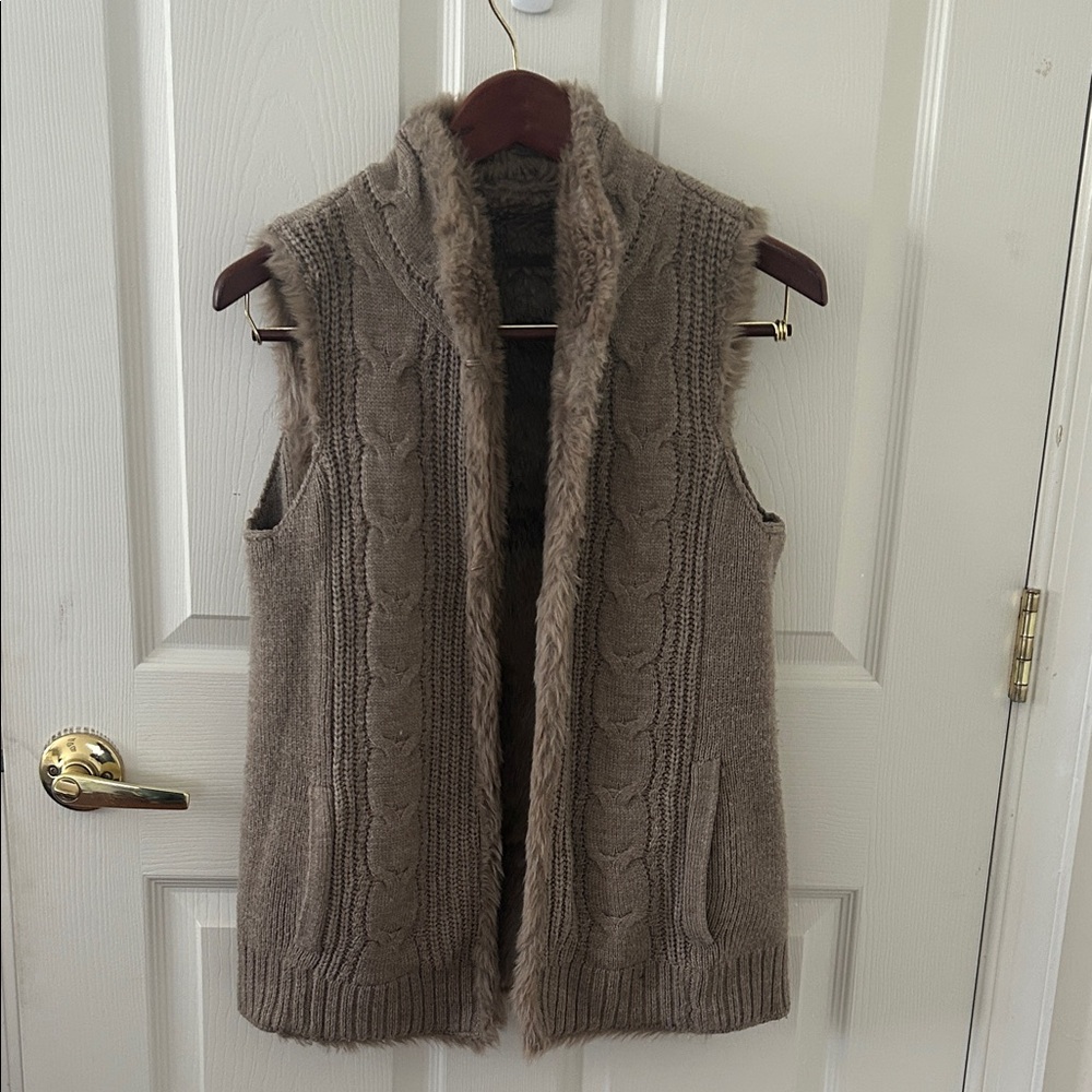 New York & Company Taupe Cable Knit Sweater Vest